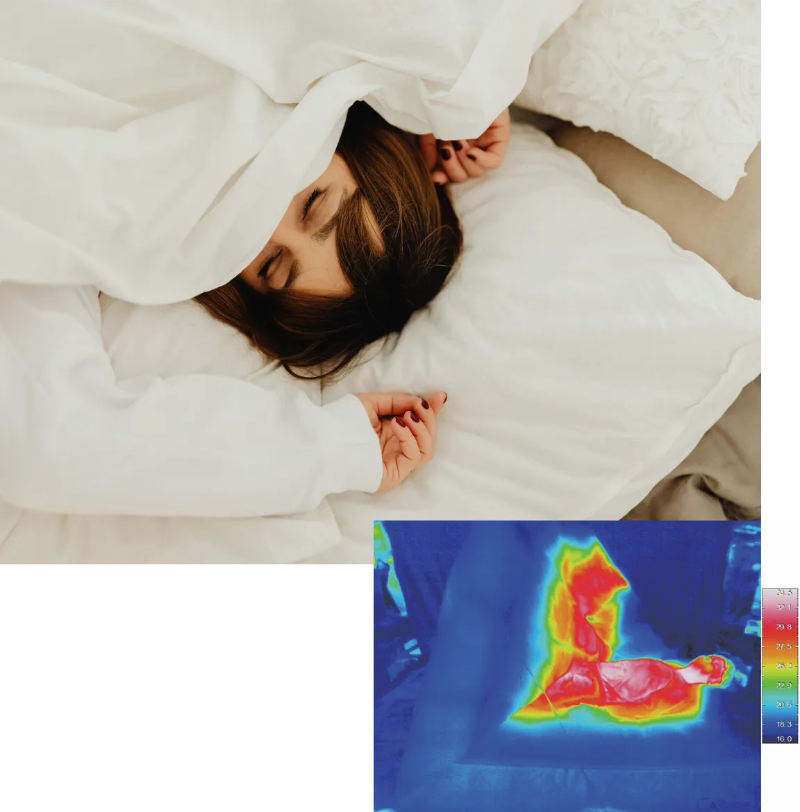 布団で眠る女性と、就寝時の体表温度を示すサーモグラフィ画像