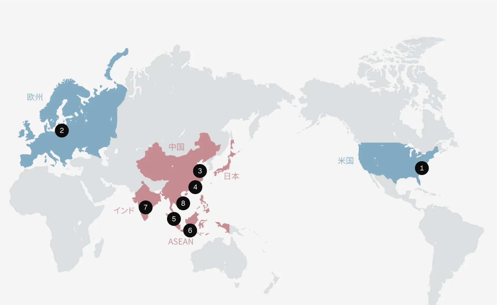 TAフロンティアのグローバル拠点を示す世界地図。米国・欧州・中国・日本・ASEAN・インドなどに拠点を展開している。
