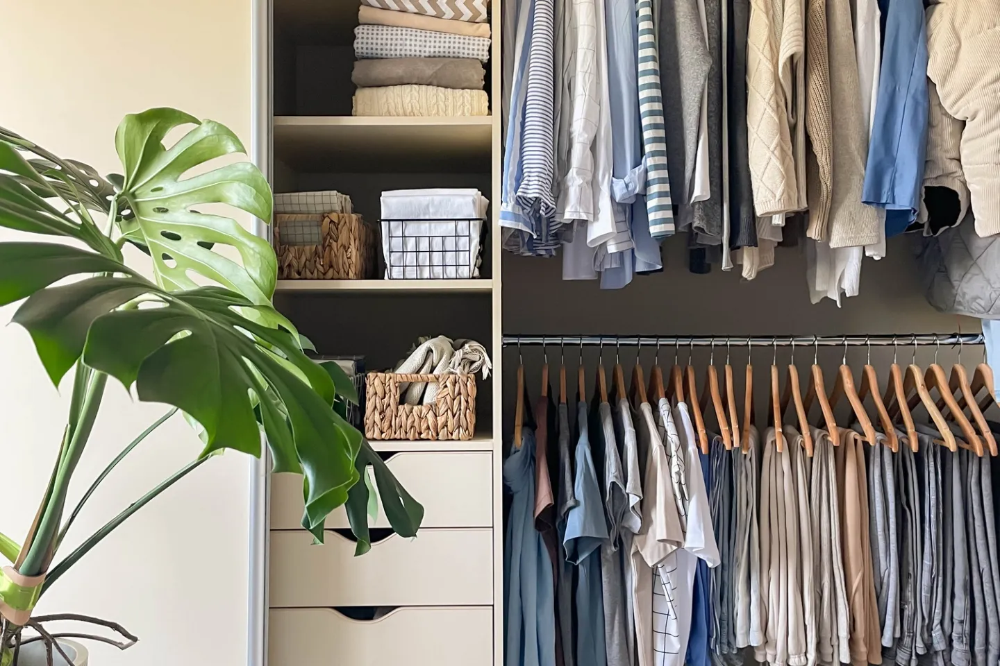 A closet packed tightly with clothing