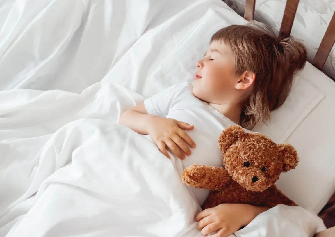 A child sleeping comfortably while holding a stuffed toy