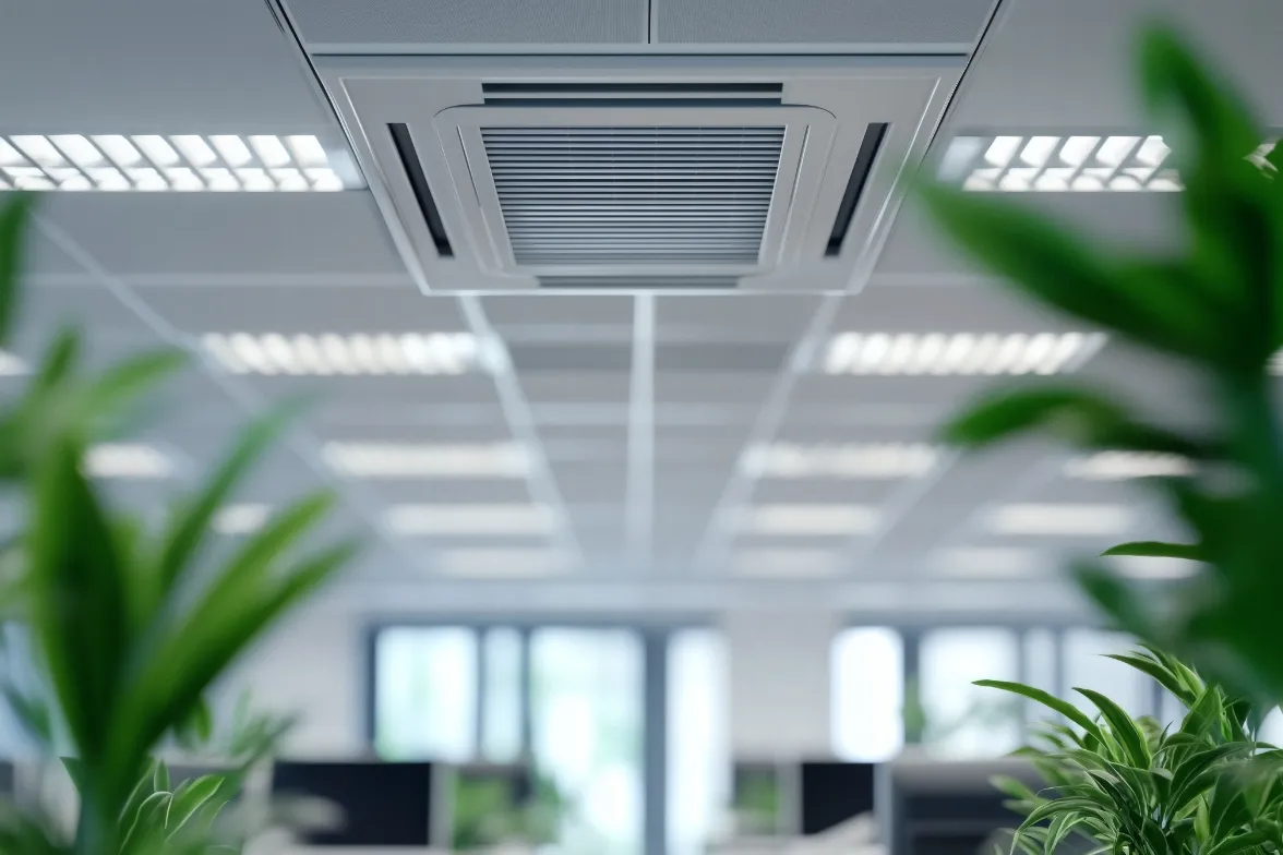 Ceiling air conditioner in an office, seen past foliage in the foreground