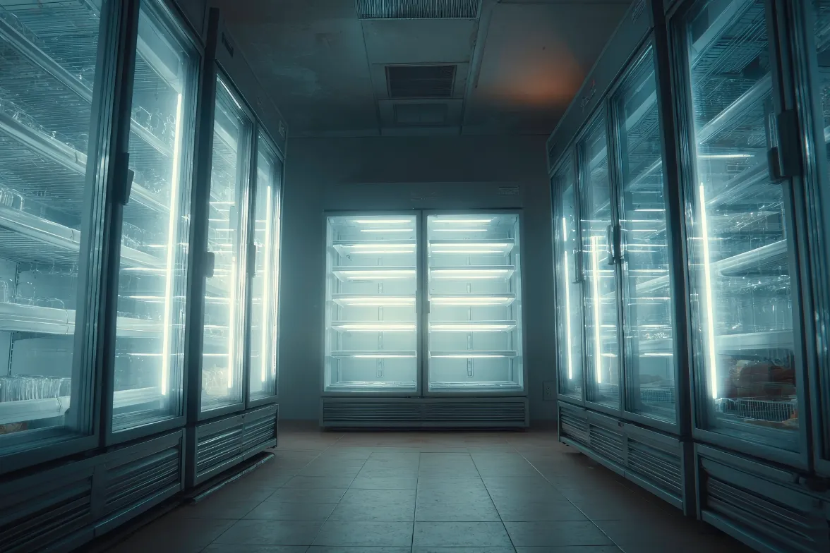 Row of glass-door refrigerated display cases in a store