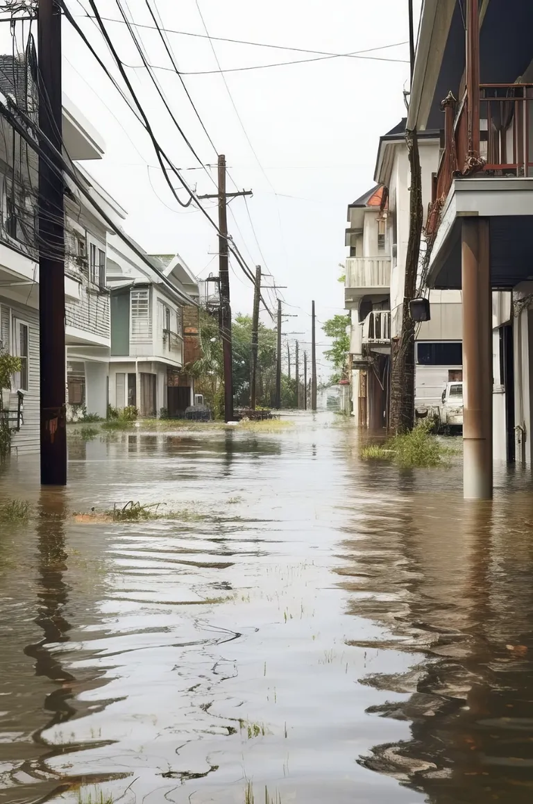 A residential street submerged by floodwater up to the height of the building foundations