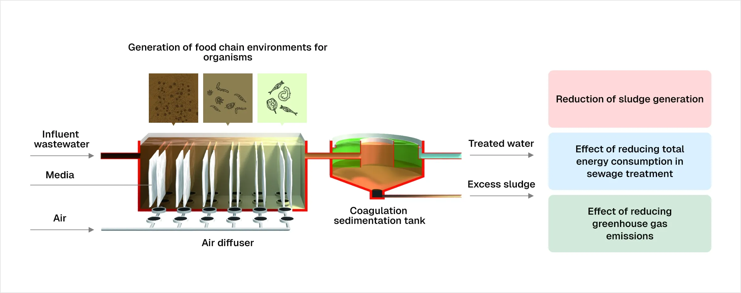 Process diagram of the excess sludge reduction design: influent wastewater, media and air enter the reaction tank where a food chain environment forms, then pass through a coagulation sedimentation tank to yield treated water and excess sludge, reducing sludge generation, total energy consumption and greenhouse gas emissions