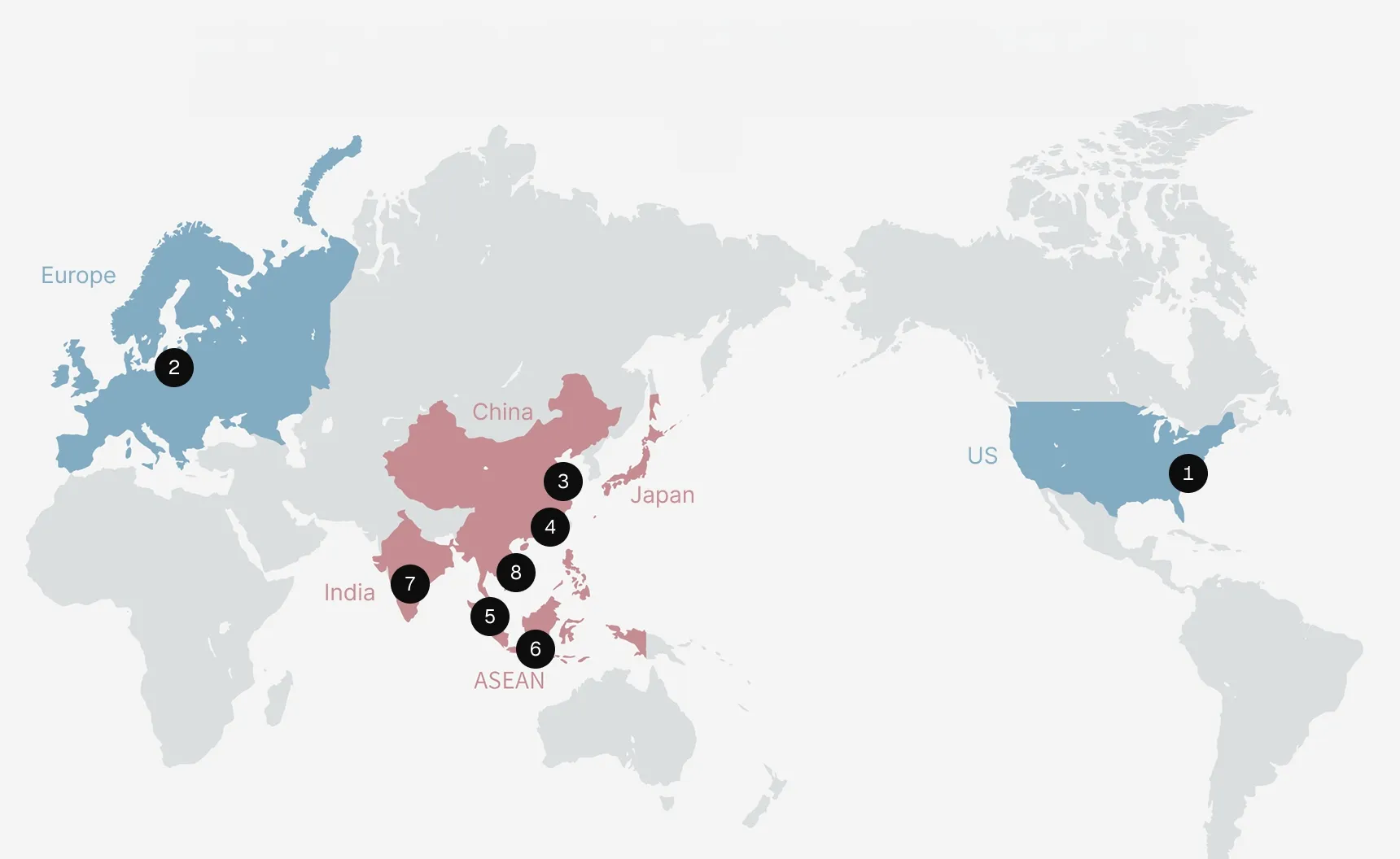 World map showing Teijin Frontier's global bases, with locations in the United States, Europe, China, Japan, ASEAN and India.